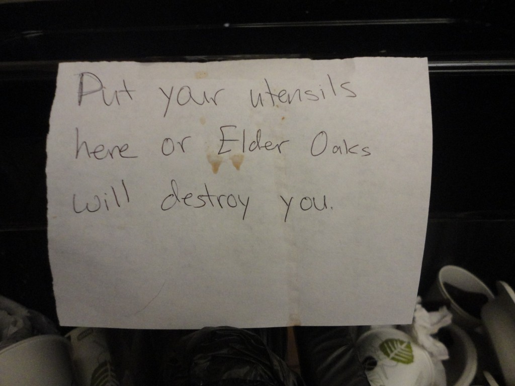 This was on a trashcan next to the tray for silverware (plastic)