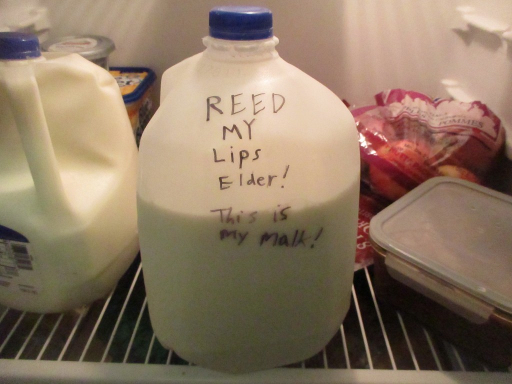 Elder Reed wrote his name on him milk, then kept using mine without realizing it, so we traded and I wrote this on the container!